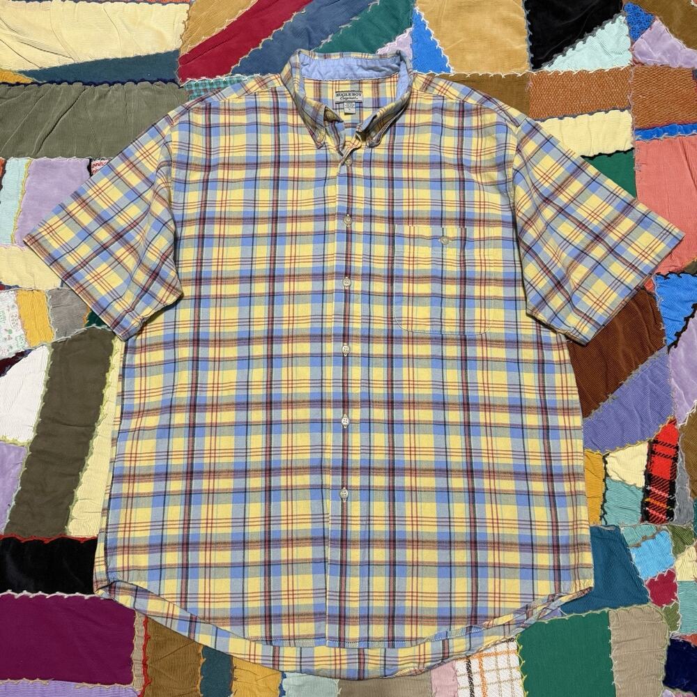 Vintage Bugle Boy Yellow/Light Blue Short Sleeve Plaided Button Up Large
